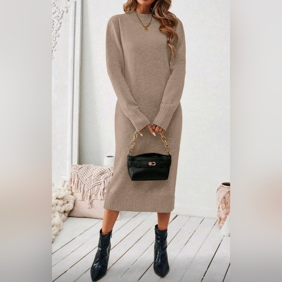 New Chic Oversized Knit Sweater Midi Dress Light Khaki Tan - Picture 6 of 10